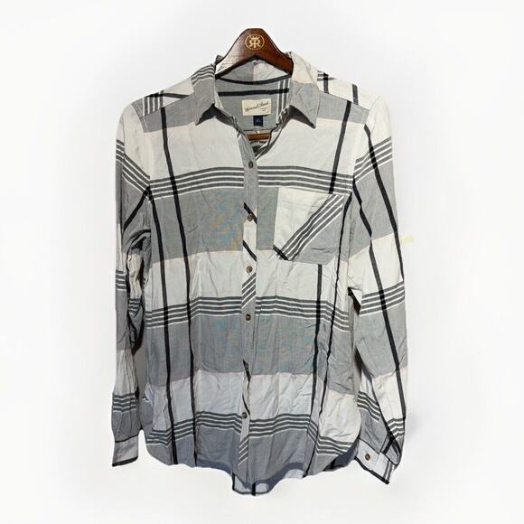 Universal Thread Button Up Shirt Women’s Size M Black & Cream Hint of Pink Plaid - Picture 1 of 10